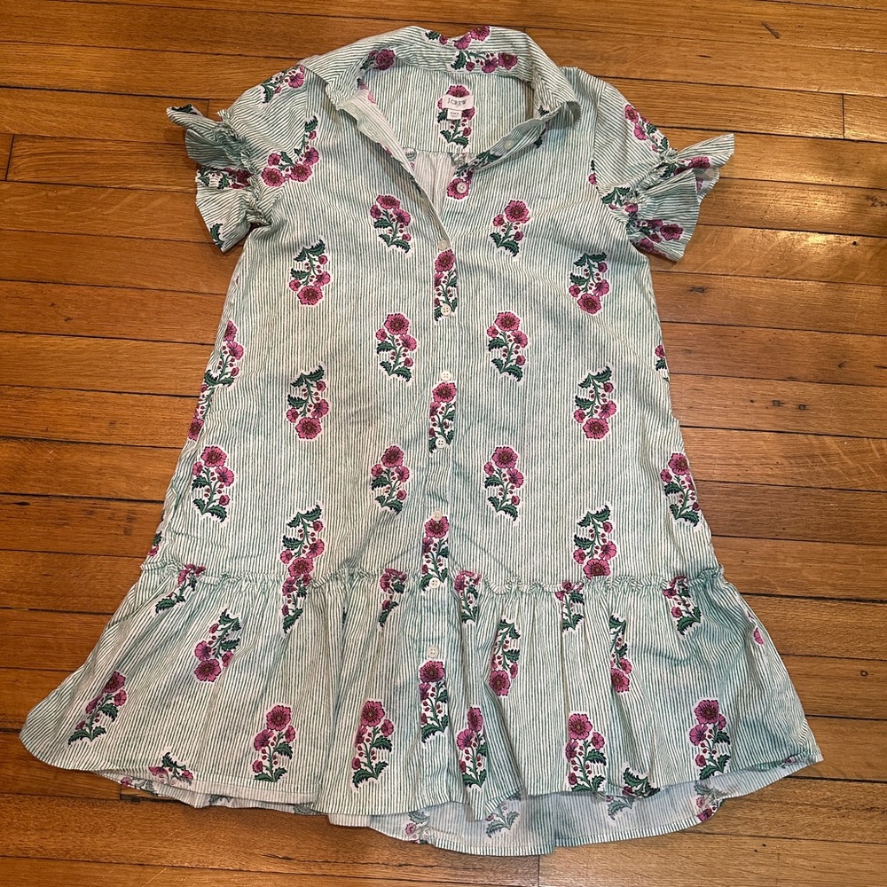 J. Crew Green Striped Womens Dress with Pink Floral Print